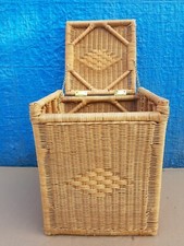 Vintage Square Wicker Lidded Storage Basket | Rattan Toy Box | Wooden Frame