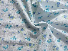 Vintage 1950s Cotton Seersucker Dress Making Fabric Blue White 40"L x 36"W
