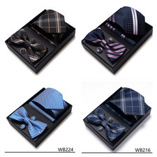 4pc Set Checks Men Necktie,Bow Tie,Hanky,Cufflinks Set Party Wedding with Box