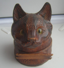 Antique Victorian Black Forest Germany Cat Head with Glass Eyes Inkwell