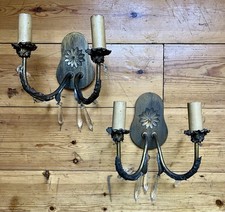 Pair Vintage Double Candle Wall Light Lamp Sconce Brass Crystal Glass Drops