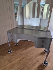 Vintage French dressing table Olympus style with vanity  tri fold mirror grey