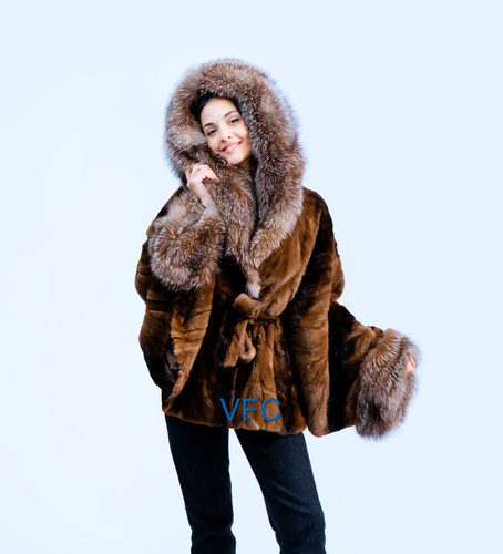 Brown mink fur cape with - brown, fox