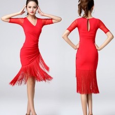 Lady Latin Dance Dress Salsa V-neck Tango Ballroom Costume Tassel Rumba Red