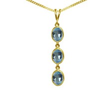 9ct Yellow Gold Natural Blue Topaz Triple Oval Pendant & Necklace British Made
