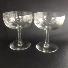 2 Antique Fine Elegant Champagne Saucers Mn Glow Glass, Cut Pretty Laurel Frieze