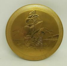 Vintage  Large Zenette Powder Compact Goldtone Galleon Ship 