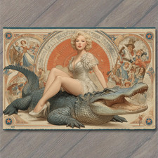 POSTCARD Woman Alligator White