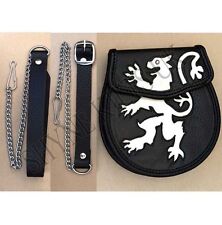 SEMI-DRESS SPORRAN LION RAMPANT WHITE CALF SKIN SLIVER STUD COWHIDE SPORRAN