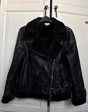 Topshop Shearling Black Faux Leather Fur Aviator Jacket Size 12