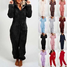 Womens Teddy Bear Fluffy Fleece Hooded Jumpsuit 1Onesie Playsuit Pajamas Romper