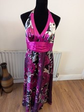 Monsoon Silk Maxi Summer Dress 14 Womens petite Floral Pink Party Halterneck