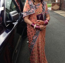 peach sari with heavy work