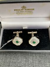 Vtg Art Deco Sterling Silver 925 Mother Of Pearl & Emeralds Cufflinks In Box