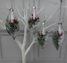 Large tear drop glass baubles with Snow, Pine Leaves, Berries & Cones x 4