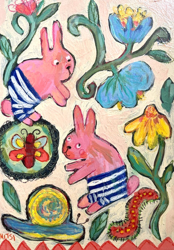 Original whimsical bunny folk - original,