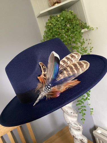 Navy fedora hat with feather - fedora,