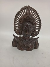 Hand Carved Balinese Wooden Bust Sculpture Traditional Headdress Art 8x11"