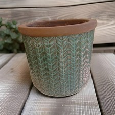 Sage green plant pot glazed terracotta zigzag pattern 17.5 cm tall