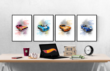 Hot Wheels Cars Watercolour Splash Set Of 4 Prints Pictures Wall Art Poster