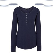 Ex Fat Face Women’s Top Navy Long Sleeve Rib Henley Button Cotton