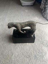 Vtg Solid Brass Cheetah/leopard Figurine Bookend Stock Market Wooden Base