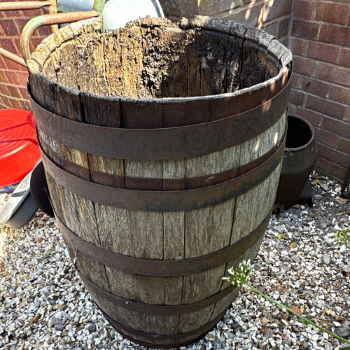 Large weathered wooden barrel - wooden,