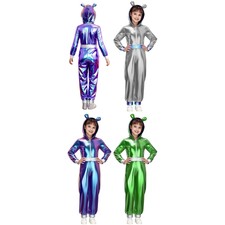 UK Kids Girls Metallic Alien Costume Halloween Space Alien Robot Cosplay Outfits