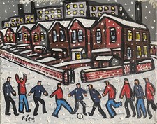 Original oil painting, P. Lewis, Five aside football in the snow, Northern art.