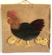 Vintage 80s Large Textile Hen with Chicks  Hand Woven Wall Hanging Rug Decor 20"