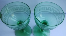 ANTIQUE GREEN GREEK KEY ETCHED PORT WINE GLASSES  11.5cm X 2 (CG)