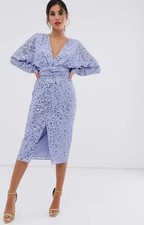 ASOS DESIGN Womens Blue Sequin Midi Dress Wrap Style V-Neck Zip Closure RRP £75