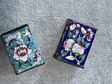 Cloisonné enamel matchbox covers.  One dark blue background, one turquoise.