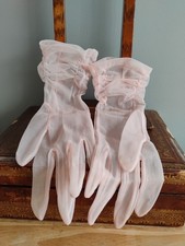 Vintage Pale Pink Pastel Chiffon Transparent Ladies Evening Ruched Gloves Small