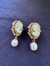 Dolce & Gabbana Women's Costume Jewelry Earrings Green Cameo Baroque Pearl Clip
