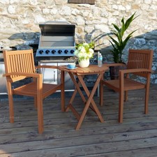 2 Seat Teak Outdoor Bistro Set - Round Table & Stacking Armchairs, Easy Assembly