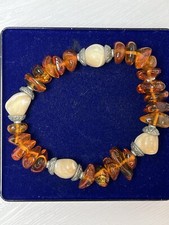 Vintage Natural Baltic Amber Nugget & Shell Bead Stretch Bracelet Bohemian