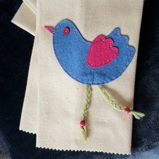 Birdie Hand Made Wool Scarf - off white with bright felt applique bird & daisies