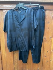 Eileen Fisher Printed Silk Set Top Pants Blue Black Small Medium Pajama Lounge
