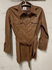 Zara Faux Leather Belted Shirt Shacket Overshirt Size small Coffee Cognac Brown