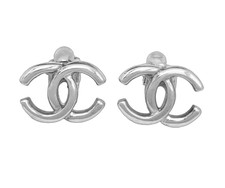 CHANEL CC Logo Earrings Silver Plated Clip-on W/Pouch Near Mint Condition