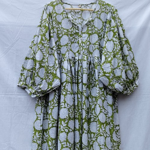 Green block printed midi dress - green,