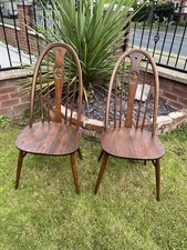 Ercol Quaker Swan Chairs x 2 Pair Mid Century Dining Seats Golden Dawn Elm Wood
