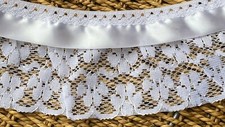 laverslace White Gathered & White Satin Ribbon Nottingham Lace Trim 3.5"/9cm  