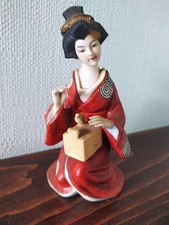 JAPANESE GEISHA GIRL ??? CERAMIC  FIGURINE with BIRD CAGE & BIRD 6" in height