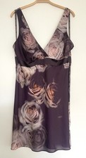 B Ted Baker Burgundy Brown V-neck Rose Print Floral Satin Slip Dress Size: UK 16
