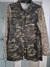Camouflage Button Up Shirt Jacket With Gold Sequin Arms Size 10