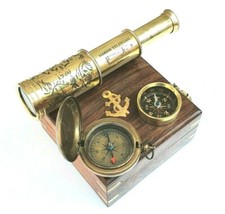 Marine Vintage Telescope & Compass Keychain Set – Antique Brass Travel Gear