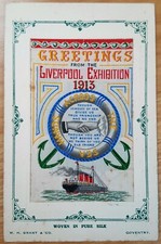 1913 SILK EMBROIDERED LIVERPOOL EXHIBITION GREETINGS PC WHITE STAR LINE SHIP/SEA