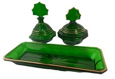 Art Deco Emerald Green with Gold Detail Glass Vanity Set Dressing Table Set VGC